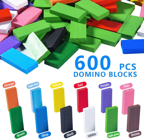 OBTANIM 600 Pcs Colorful Wooden Domino Blocks Set, Bulk Building Racing Stacking Games for Kids Birthday Party Favors