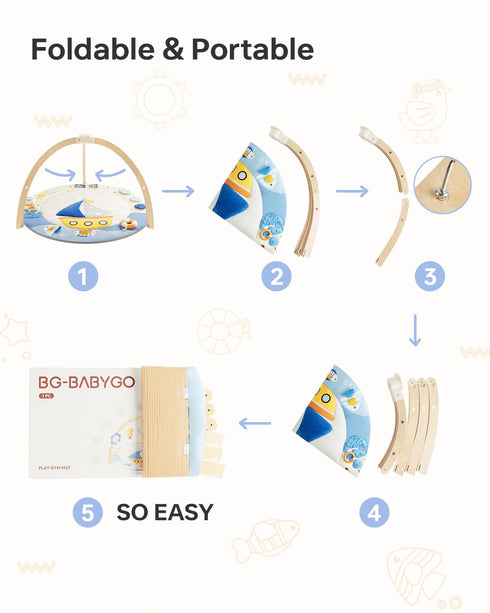 5 Tummy 7 BG-BABYGO Baby Play Gym Activity Mat, Developmental Zones Wooden Time Mat with Detachable Sensory Toys
