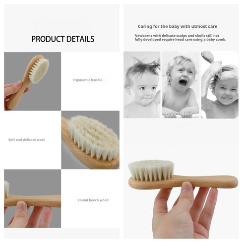 TIKMNO 2-pcs Natural Goat Hair Baby Hair Brush - Hypoallergenic & Soft Wooden Handle for Delicate Scalp Massage
