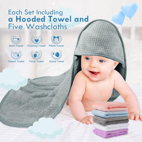 28 28 Inch Orighty Baby Hooded Towel with Five Washcloths, x Super Soft Bath Towel with Hood for Babies, Infant