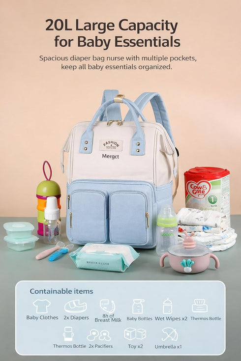 Mergct Backpack Mummy Backpack Diaper Bag for Mom Large Capacity Baby Bag with Insulated Pockets, Waterproof with Wipes