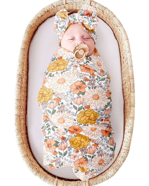 DRESHOW BQUBO Newborn Floral Receiving Blankets Newborn Baby Swaddling with Headband Set