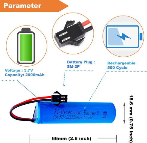 funkawa 2000mAh (1200mAh 3.7V SM-2P -(2 -Pack) RC Car Battery Upgraded), Shockli Remote Control Rechargeable Battery
