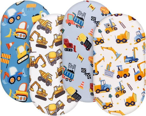 FIGEPO 4 Pack Set Baby Boy Bassinet Sheets Soft Fitted Baby Boy Mattress Covers Construction Truck or Dinosaur Theme