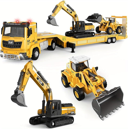 Alloy Die-Cast Construction Vehicles Toys Set w/Semi Truck, Excavator & Bulldozer -