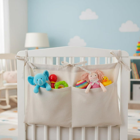 Wanmu 2 Linen Baby Bedside Hanging Storage Bag, Oatmeal Pockets Milk Bottle Bib-Storage Crib Organizer Nursery Baby