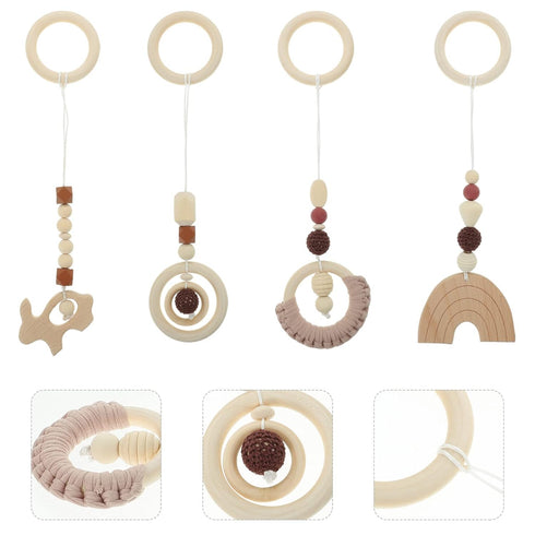 Toddmomy 4Pcs Baby Gym Wood Toys, Wooden Hanging Toy Activity Pendant for Nursery Decor