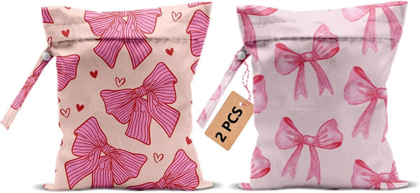 HZMLYDJ 2Pcs Pink Bow Wet Bags 12x10 Inch, Heart Waterproof Travel Laundry Bags,