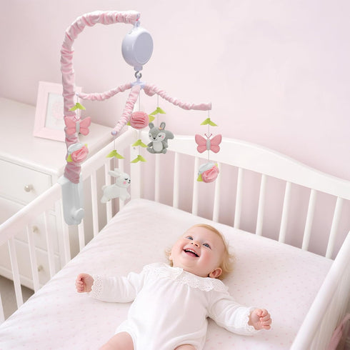 NICEMER 12 Baby Crib Mobile for Girls, Soft Knitted Woodland Characters Rabbit Squirrel, Pink and White Nursery Decor