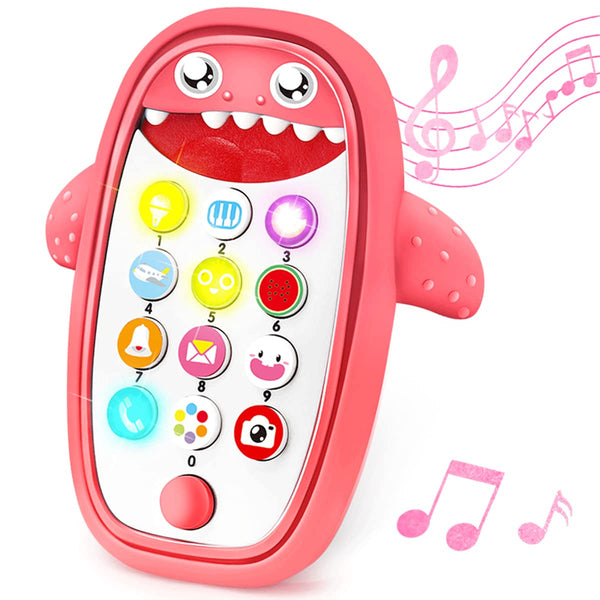 Baby Shark Cell Phone Toy with Removable Teether Case, Light, Music & Adjustable Volume for Kids 0-6 Months (Red)