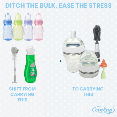 Cintog 2 Pack Set 6oz, Collapsible Baby Bottle with Soap Dispensing Brush Kit, Push Press Design for Efficient Easy