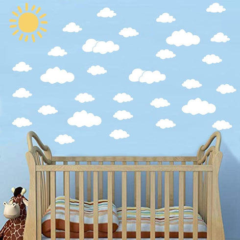 Sun and 30PCS White Clouds Removable Vinyl Wall Decals - Peel and Stick Wallpaper Stickers for Nursery Bedroom