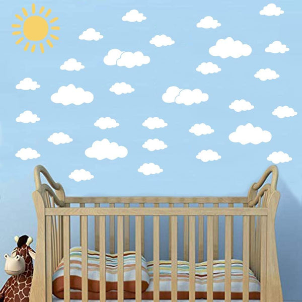 Sun and 30PCS White Clouds Removable Vinyl Wall Decals - Peel and Stick Wallpaper Stickers for Nursery Bedroom
