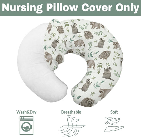 Watercolor Raccoon Baby Nursing Pillow Covers for Boy Girl Raccoons Green Leaves Nursery Pillowcase for Breastfeeding