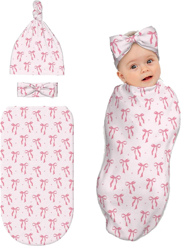 zhedongsj Pink Bow Baby Stuff Swaddle Blanket for Girls, Soft Newborn Swaddling Sack