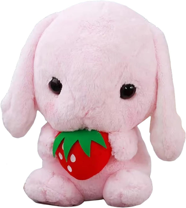 HOUPU Soft Toy - Sitting Lop Eared Rabbit, Pink-Strawberry Stuffed Bunny with Carrot, 8.6in/22cm