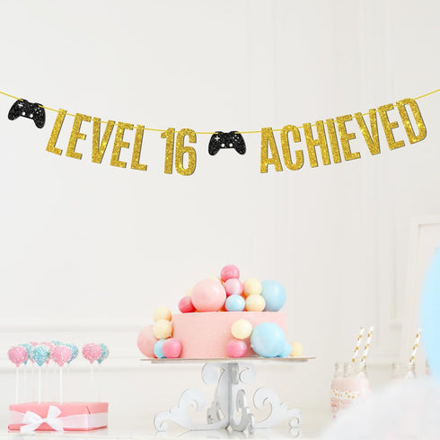Game on Level 16 Unlocked Banner, Glittery Hanging Sign for 16th Birthday Party Decorations