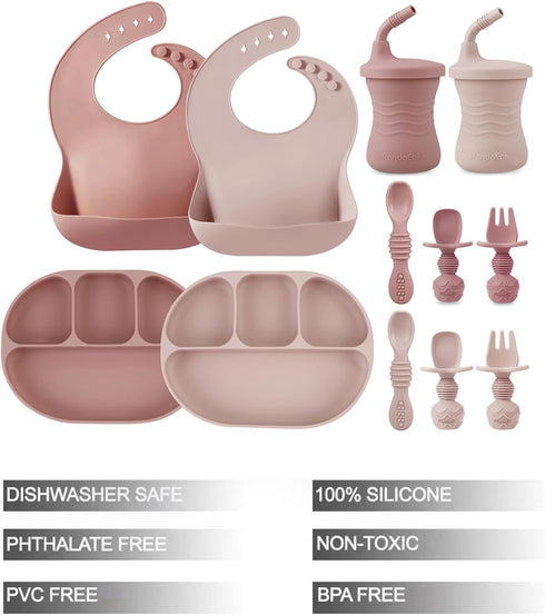 PandaEar 12PCS Silicone Baby Feeding Set | 2 Sectioned Baby Suction Plate, 2 Baby Bibs, 2 Toddler Cup, 4 Baby Spoons & 2 Baby Forks | Baby Led Weaning Supplies by PandaEar