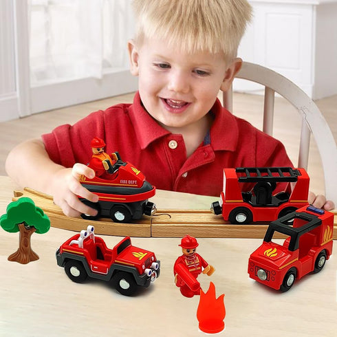 Wooden Train Cars Track Accessories Set, Rescue Fire Truck with Light and Sound for Boys and Girls