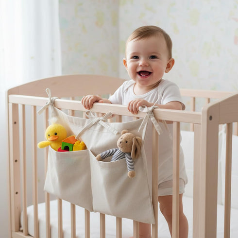 Wanmu 2 Linen Baby Bedside Hanging Storage Bag, Oatmeal Pockets Milk Bottle Bib-Storage Crib Organizer Nursery Baby