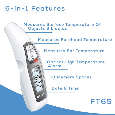 Beurer FT65 Multifunction Infrared Thermometer - 3-in-1 for Adults and Kids, Color Changing Fever Indicator