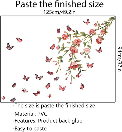 Cute Peony Flower Wall Decals, Pink Rose Floral Stickers, Removable Peel and Stick for Kids Room, Living Room Decor