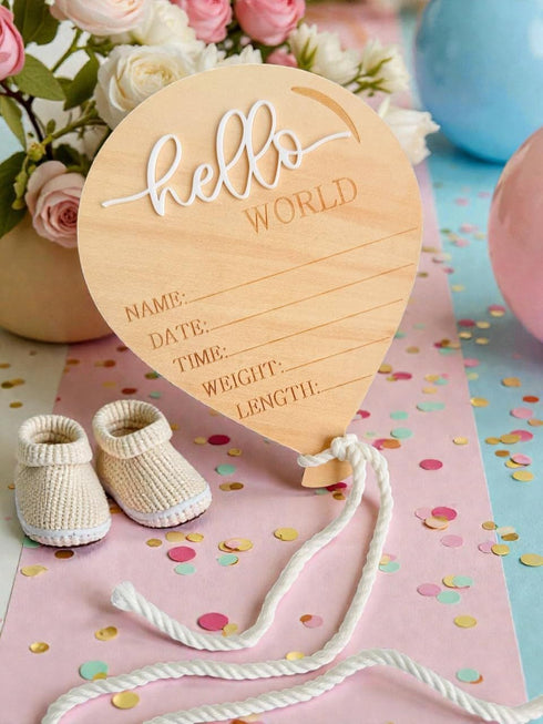 Kemmintvn Wooden Newborn Announcement Ornament, Hello World Balloon Sign with Hanging Rope, Birth Details Wood