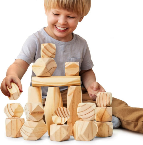Panda Brothers Wooden Balancing Stones - 20 Large Size Montessori Toys for 3-5 Year Old Kids, Learning Sensory Toy