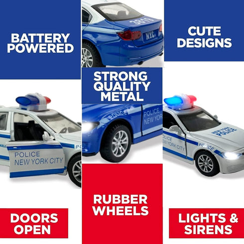 2 Pack Metal Diecast NY Police Cars - Pull Back Battery Powered with LED Headlights and Siren Sounds 1:32 Scale