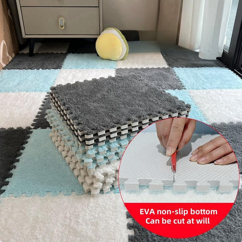 BXEBUI 12pcs Carpet Squares Puzzle Floor Mat, Plush Interlocking Carpet Tiles, Anti Slip EVA Foam Jigsaw Floor Tiles