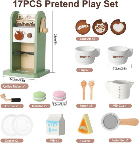 Playset Girl,17pcs Kids Wooden Coffee Maker Toy,Coffee Machine with Grinder,Play Coffee Making Routine,Stimulates