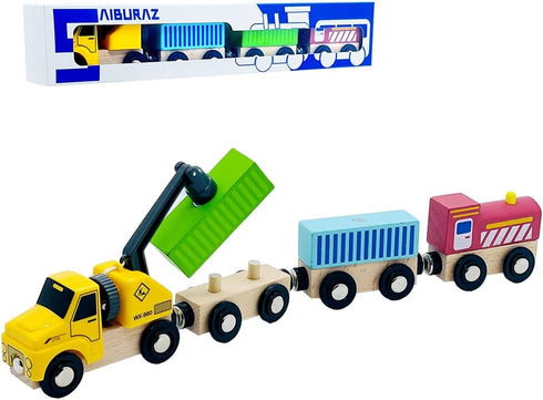 SAIBURAZ Sets 3+ Wooden Trains Cars with Crane Magnetic Train Toys for Wooden Train Tracks Train for Toddlers and Kids