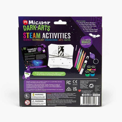 Micador Dark Arts Glow STEAM Activity Packs, Science of Light - Neon Color Pencils, Glow-in-The-Dark Paint