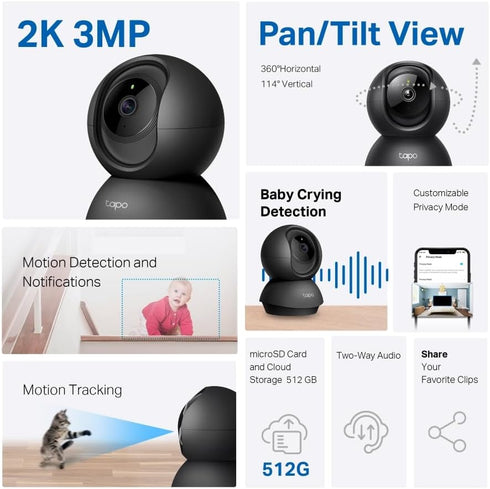 Tapo 2K 2-Way C211 Indoor Pan/Tilt Wired Security Camera - Works as a Baby Monitor & Pet Camera, Motion Detection