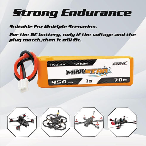CNHL 450mAh 1S Lipo Battery 3.8V 70C High Voltage with PH 2.0 Plug for 1S Racing Drone Quadcopter (4 Packs)