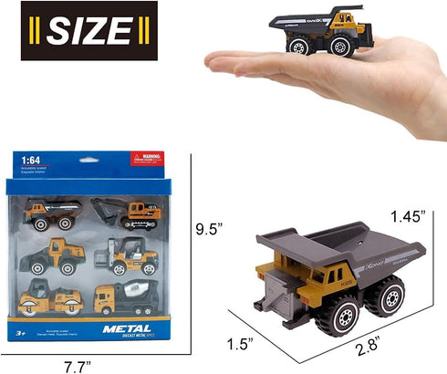 Kids Diecast Metal Engineering Cars Set - 6 Play Trucks for Boys Age 3-4, Birthday Party Supplies & Cake Topper