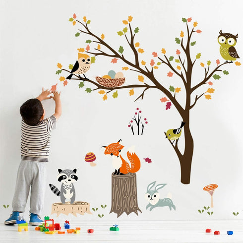 decalmile Woodland Wall Decals, Animals Tree Owl Fox Deer Wall Stickers for Kids Bedroom Baby Nursery Decor