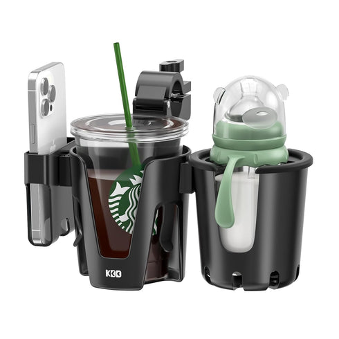 KDD Stroller Cup Holder with Phone Holder, 3-in-1 Removable Bottle Holder, 360 Degrees Rotation Drink Holder for