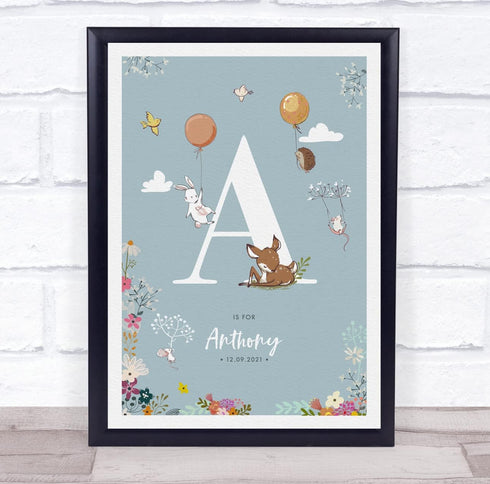 The Card Zoo New Baby Birth Details Christening Nursery Woodland Animals Initial A Gift Print