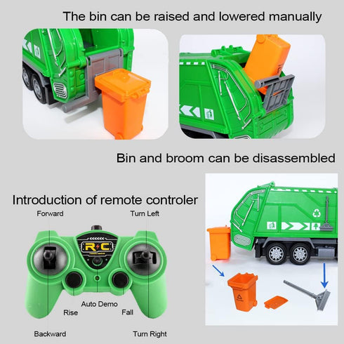 2.4G RC Garbage Truck Toy with Lights, 6 Channel Remote Control Waste Management Truck with 2 Rechargeable Batteries