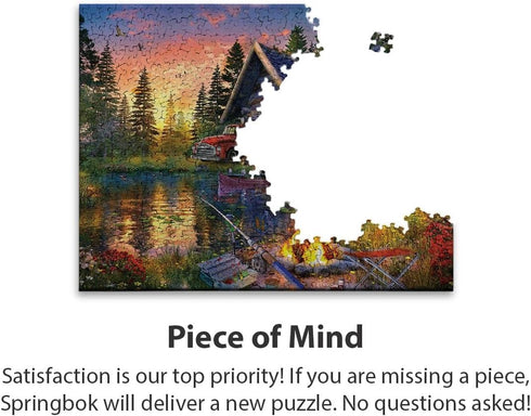 Springbok Sun Kissed Cabin 500 Piece Jigsaw Puzzle for Adults, Colorful Illustration of Fishing Cabin by The Lake