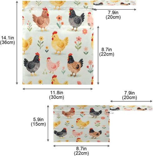 Haskirky 2 Cartoon Chickens Floral Pcs Cloth Diaper Wet Dry Bags,Waterproof and Washable Bag for Travel Reusable Wet