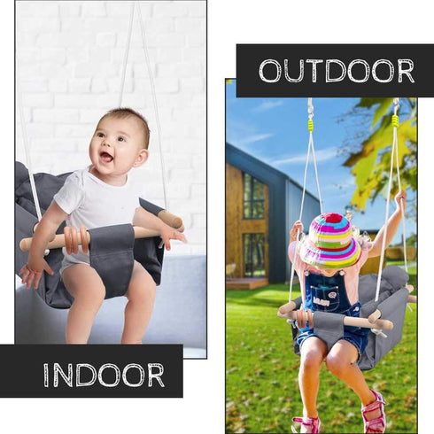 Baby Canvas Hanging Swing Seat - Toddler Secure Indoor & Outdoor Hammock Toy in Grey