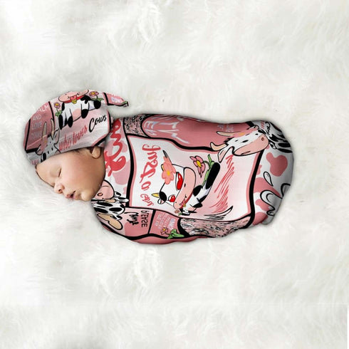 Who Love Cows Newborn Swaddle Blanket with Hat Set, One Size Receiving Blanket for Boys and Girls