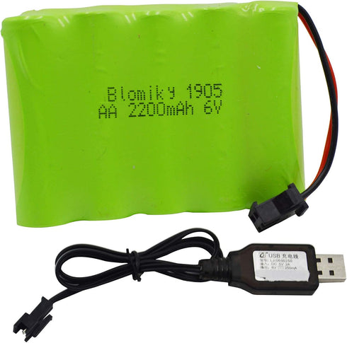 Blomiky 6V 2200mAh Ni-MH Rechargeable Battery Pack, 5 AA with SM-2P Black 2 Pin Connector Plug and USB Charger Cable