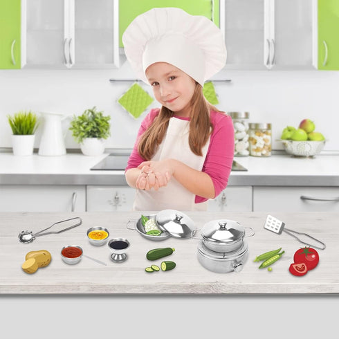 Kids Kitchen Pretend Play Toys - 21pcs Cooking Pots and Pans Set, Small Stainless Steel Cookware Playset for Girls, Boys