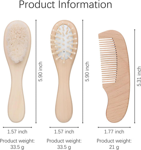 Jaasuee Baby Bath Grooming Kit Natural Wooden Hairbrush with Gentle Goat Bristles, Pear Wood Comb, and Soothing Massage