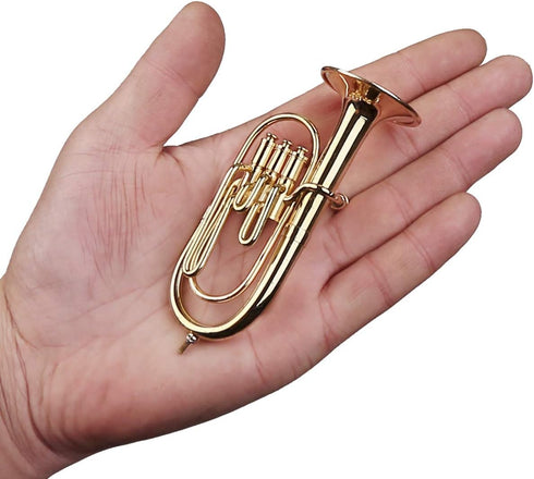 Dselvgvu Miniature Copper Baritone Horn with Stand and Case, Mini Musical Instrument for Dollhouse Decoration