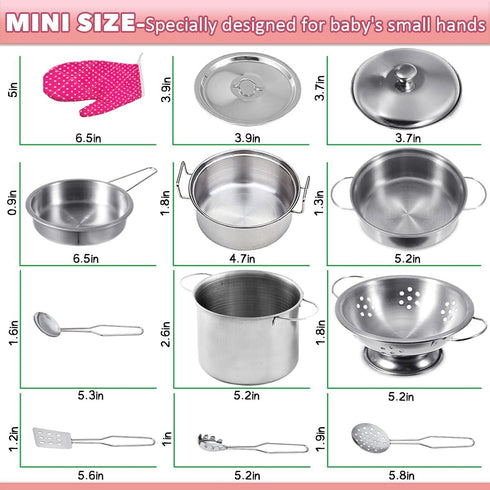 Cookware Pots and Pans Play Set, Mini Stainless-Steel Kitchen Cooking Utensils Toys for Kids, Educational Toy Kitchen