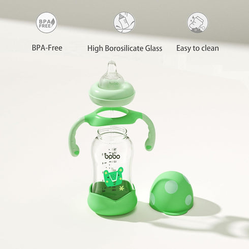 Set, (5.4oz (Pack 4), YOHKOH Natural Glass Baby Bottle with Natural Response Nipple, Wide Neck Baby Bottles